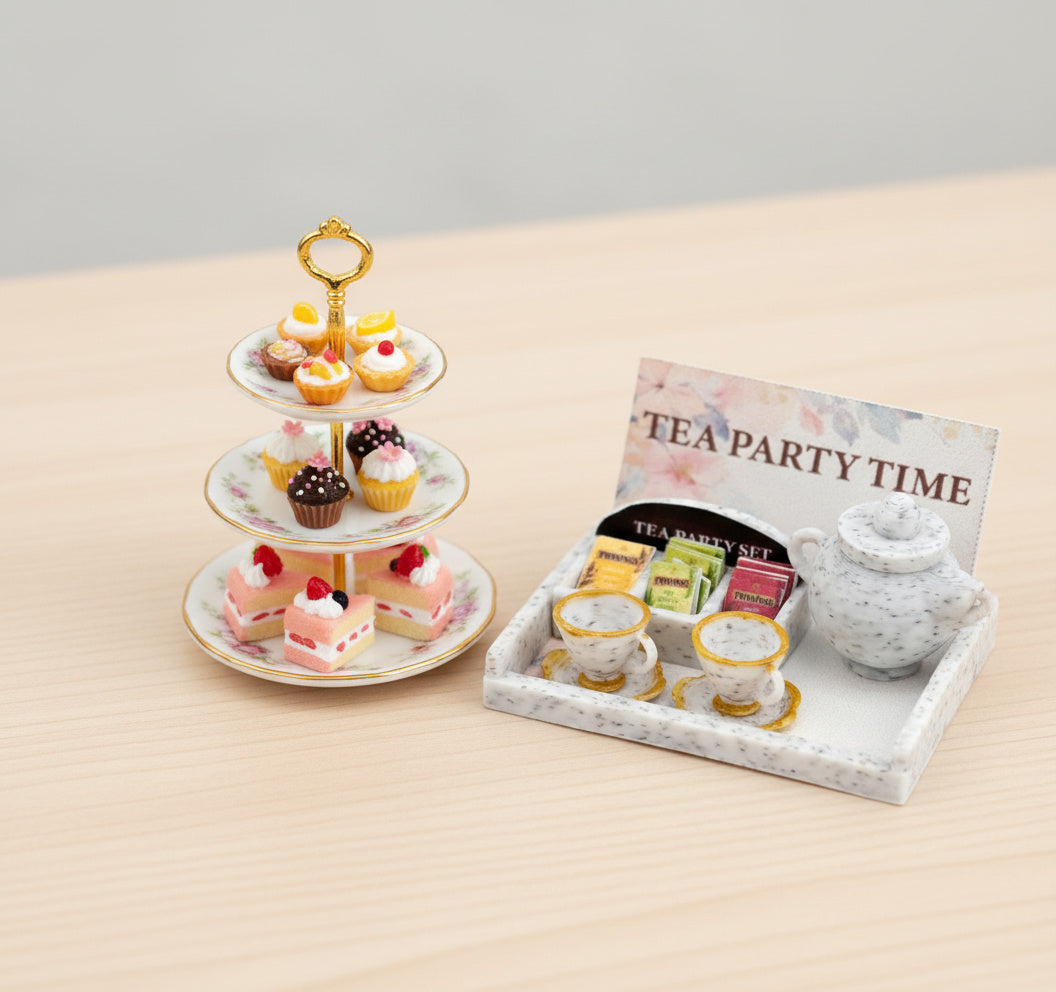 1:12 5 items Tea Party Set and box, mini tea pot, tea box display. tea bags, cups and plates and Tea Party Tray, 3D printing STL