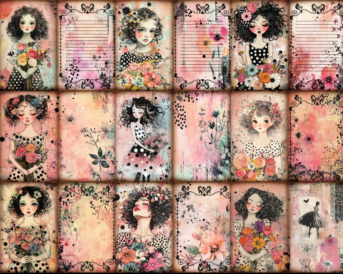 OutieCraft Curly black hair girl journal page and scrapbook paper , 40 images Letter, Music Instrument, dancing, black dots vintage and artistic style