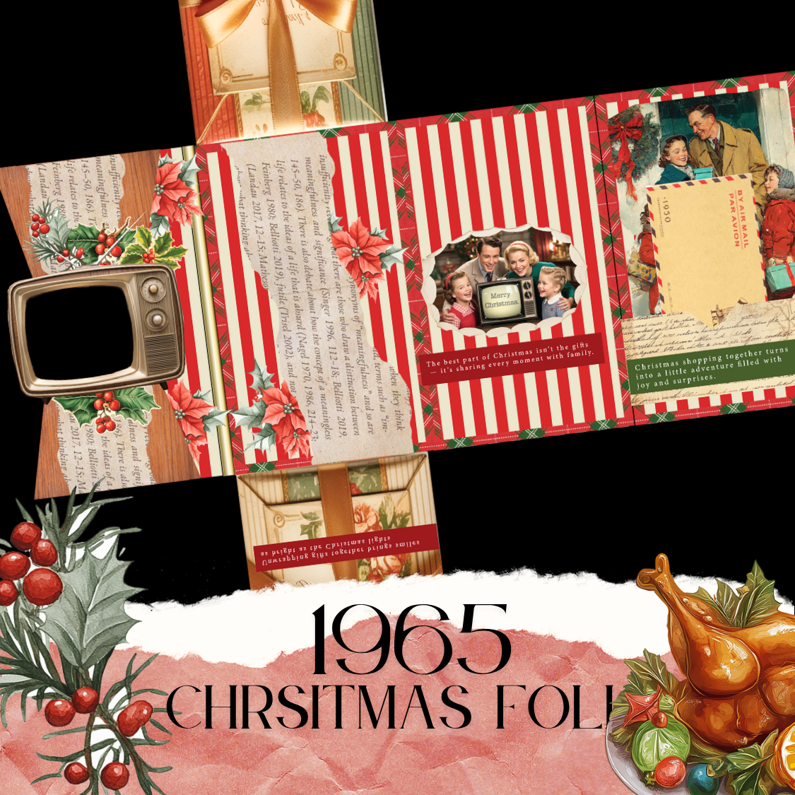 Vintage Chrsitmas Family activities in 1965 folio kit, old fashion television and playable ephemera, 11 pages designs