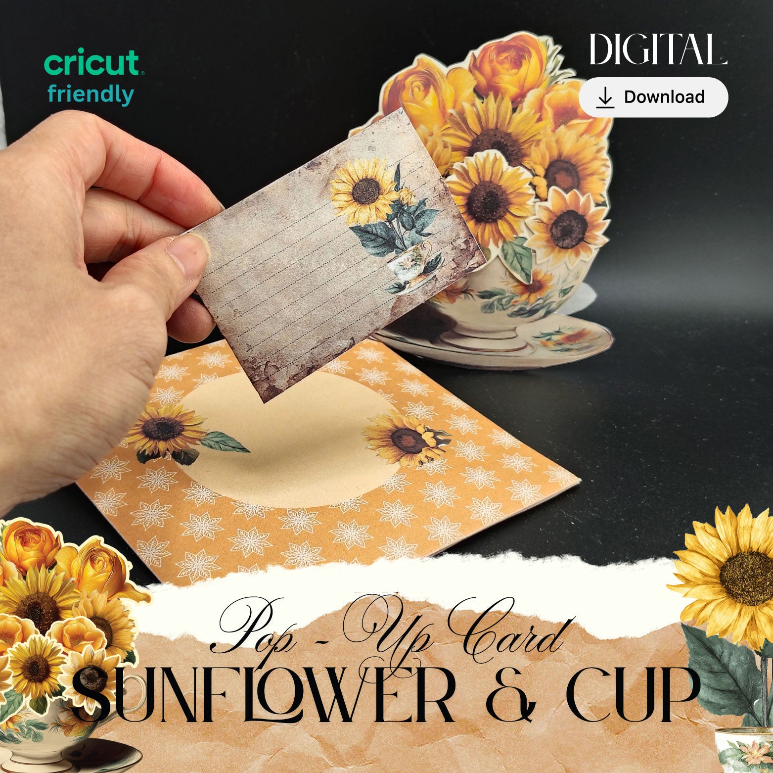 Sunflower Teacup Pop-Up Card – Printable Gift, DIY Decoration (Digital Download)