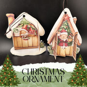 Whimsical elf house pocket ornament with Christmas village detail, printable paper craft