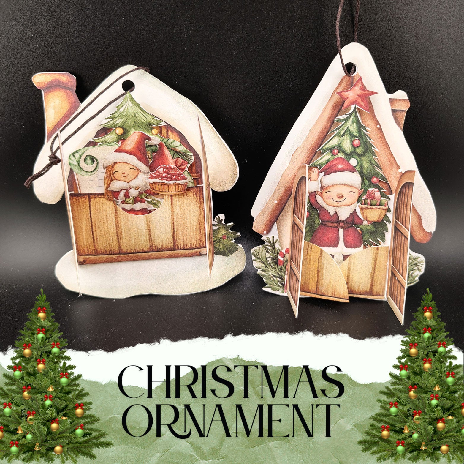 Whimsical elf house pocket ornament with Christmas village detail, printable paper craft