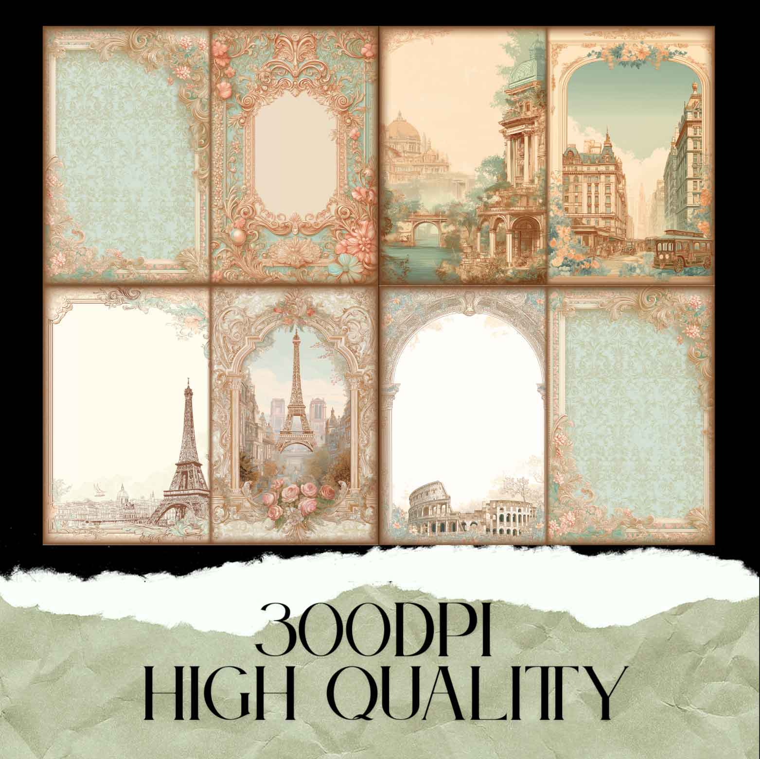 Travel junk journal kit with 14 printable double-sided pages featuring maps, postcards, and vintage travel designs