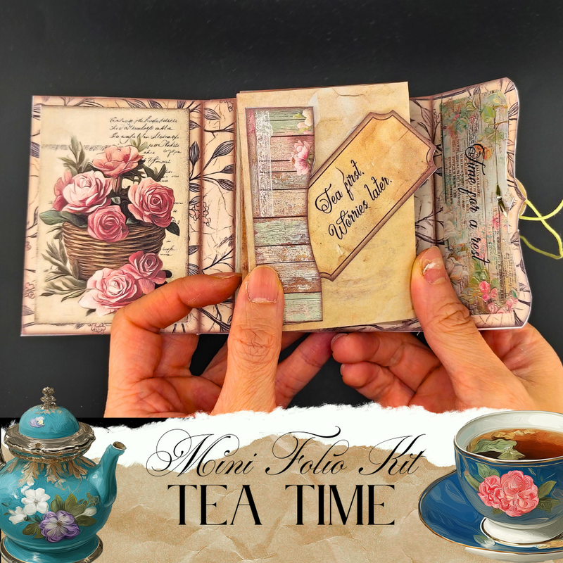 Mini Junk folio Tea Bag booklet - florist Tea time, one palm size folio kit, Ephemeras, paper crafting, junk journal, scrapbook , 7 pages 1 style