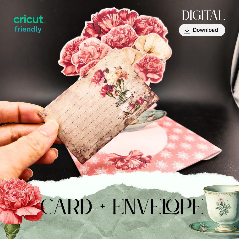Mini Carnation & Teacup Pop-Up Gift Card — Printable Stand-Up Decoration in pink yellow (Foldable, Digital Download)  motherly love