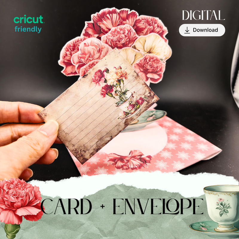 Mini Carnation & Teacup Pop-Up Gift Card — Printable Stand-Up Decoration in pink yellow (Foldable, Digital Download)  motherly love