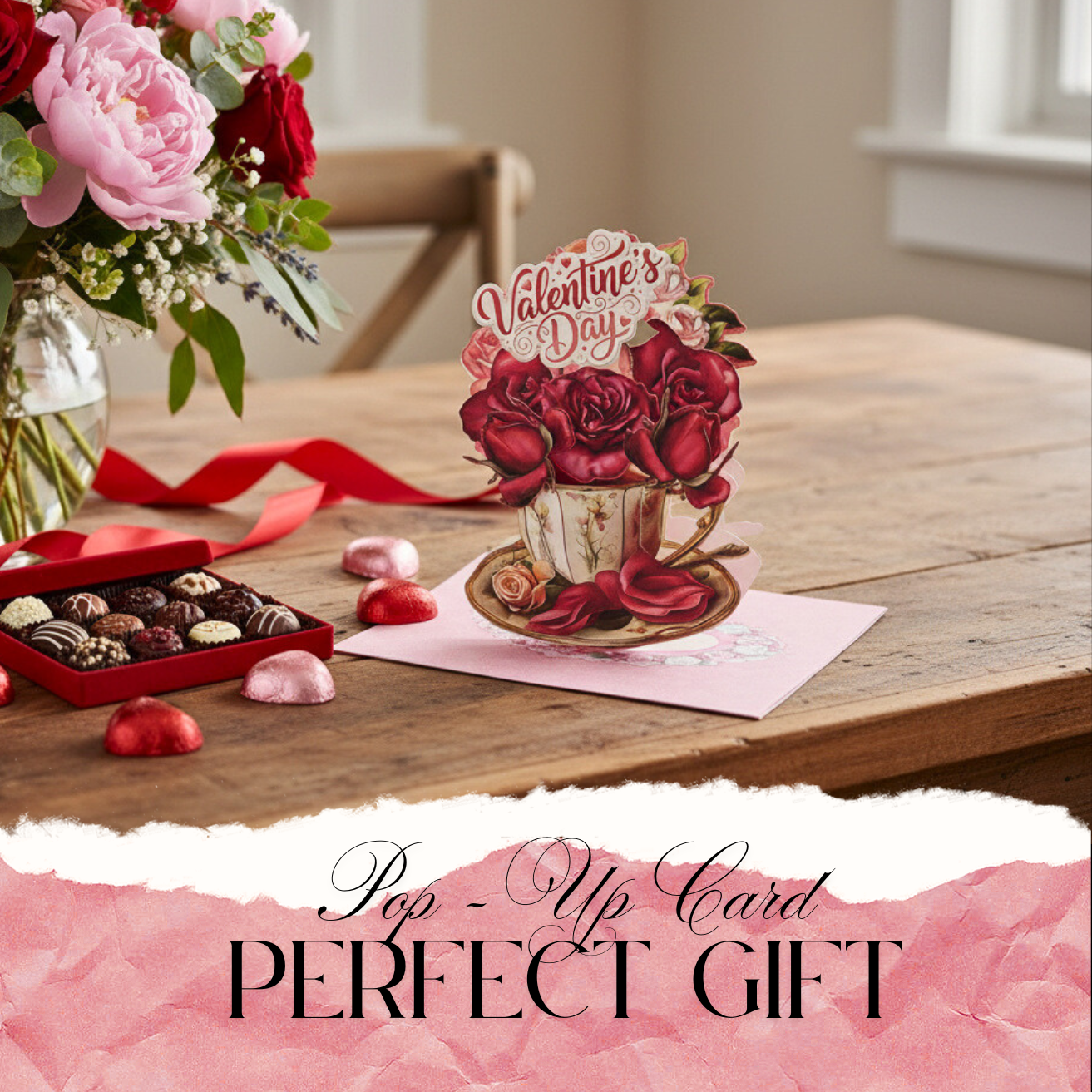Rose & Teacup Pop-Up Valentine’s Day Card — Printable Stand-Up Paper Decoration in Pink (Foldable Love Card, Digital Download)