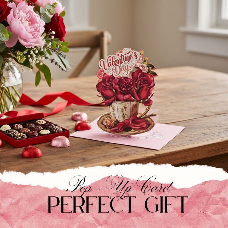 Rose & Teacup Pop-Up Valentine’s Day Card — Printable Stand-Up Paper Decoration in Pink (Foldable Love Card, Digital Download)