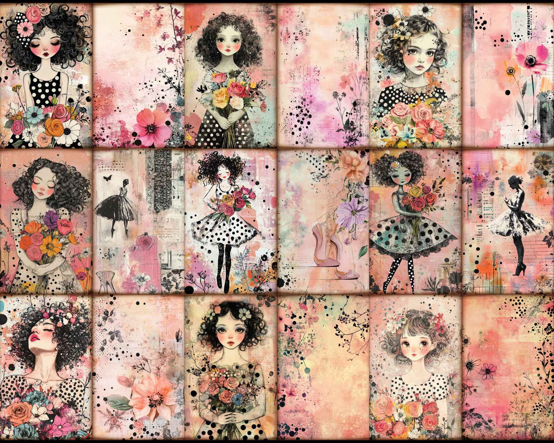 OutieCraft Curly black hair girl journal page and scrapbook paper , 40 images Letter, Music Instrument, dancing, black dots vintage and artistic style