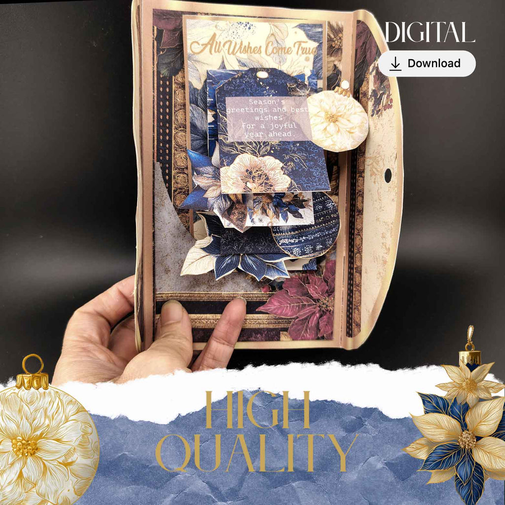 Navy Blue and Gold Christmas envelope and wishes card with Ephemera (Cricut-Friendly, 4 Pages)