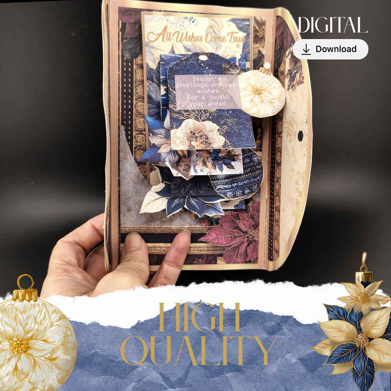 Navy Blue and Gold Christmas envelope and wishes card with Ephemera (Cricut-Friendly, 4 Pages)