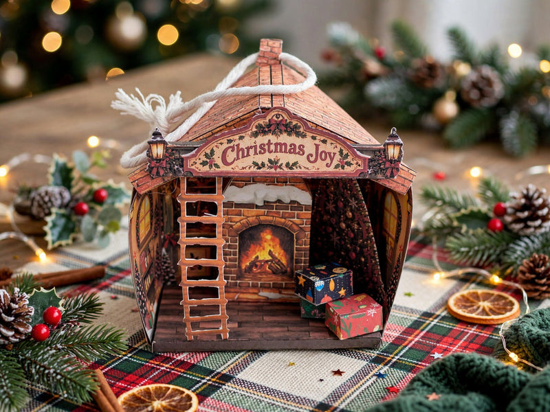 Printable Christmas Cottage Lantern Kit, Elf House, Paper House, DIY 3D Fireplace Ornament PDF