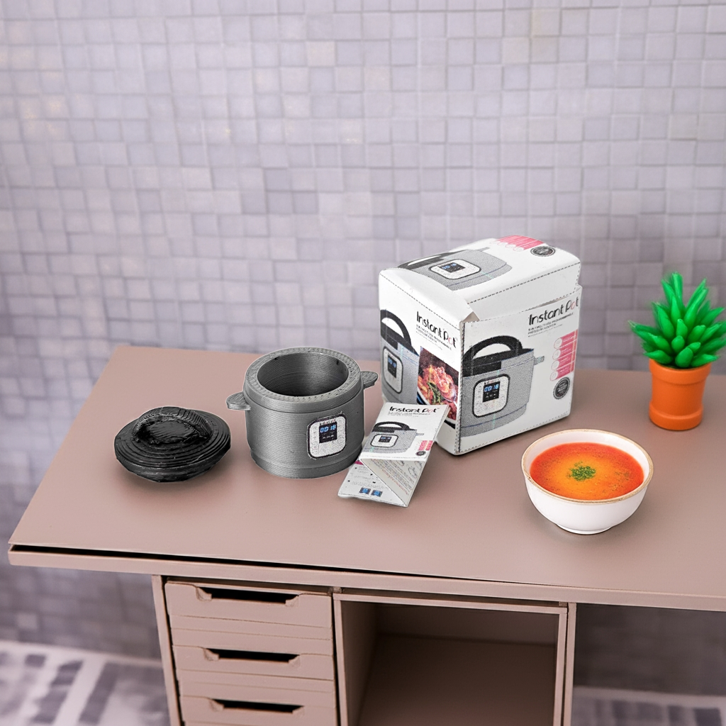 1:12 Instant pot plus box and Manuel for mini kitchen, modern cooking miniature appliance