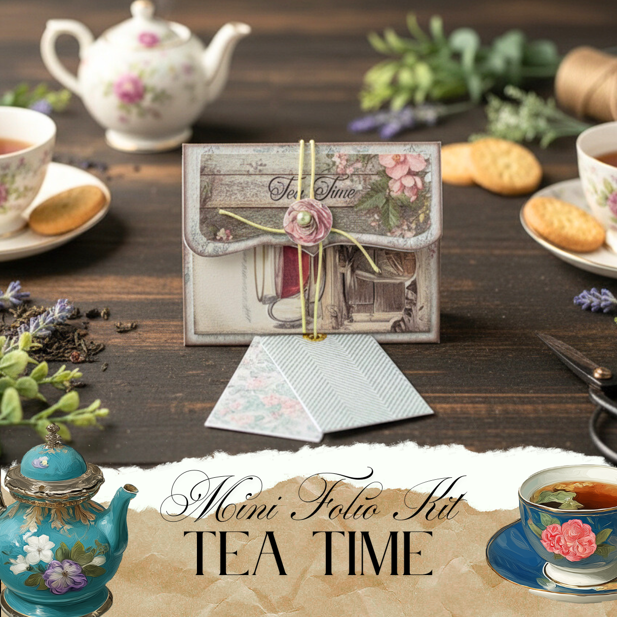 Mini Junk folio booklet - florist Tea time, one palm size folio kit, Ephemeras, paper crafting, junk journal, scrapbook , 7 pages 1 style