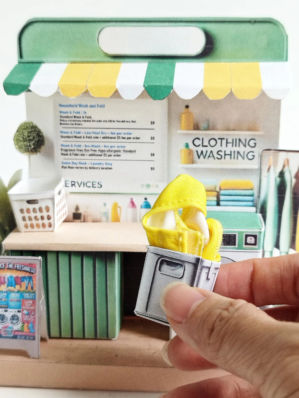 Laundry Shop 3D stand,,clothes washer, dirty clothes basket, washing machine,miniature scenery kit, gift, miniature models