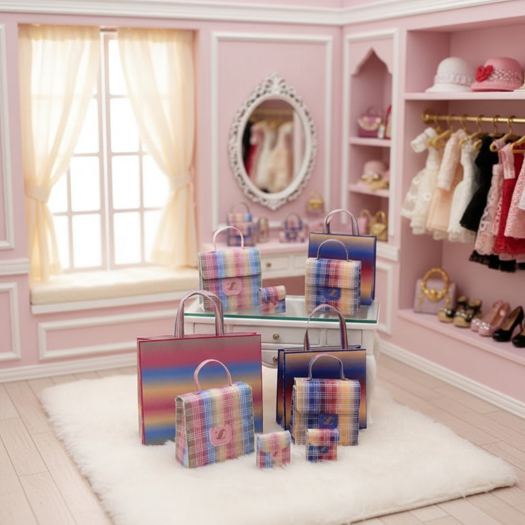 1:6 Rainbow color bags, purse and boxes for dollhouse and department store, 4 items, luxury house decorations, yearly ornament