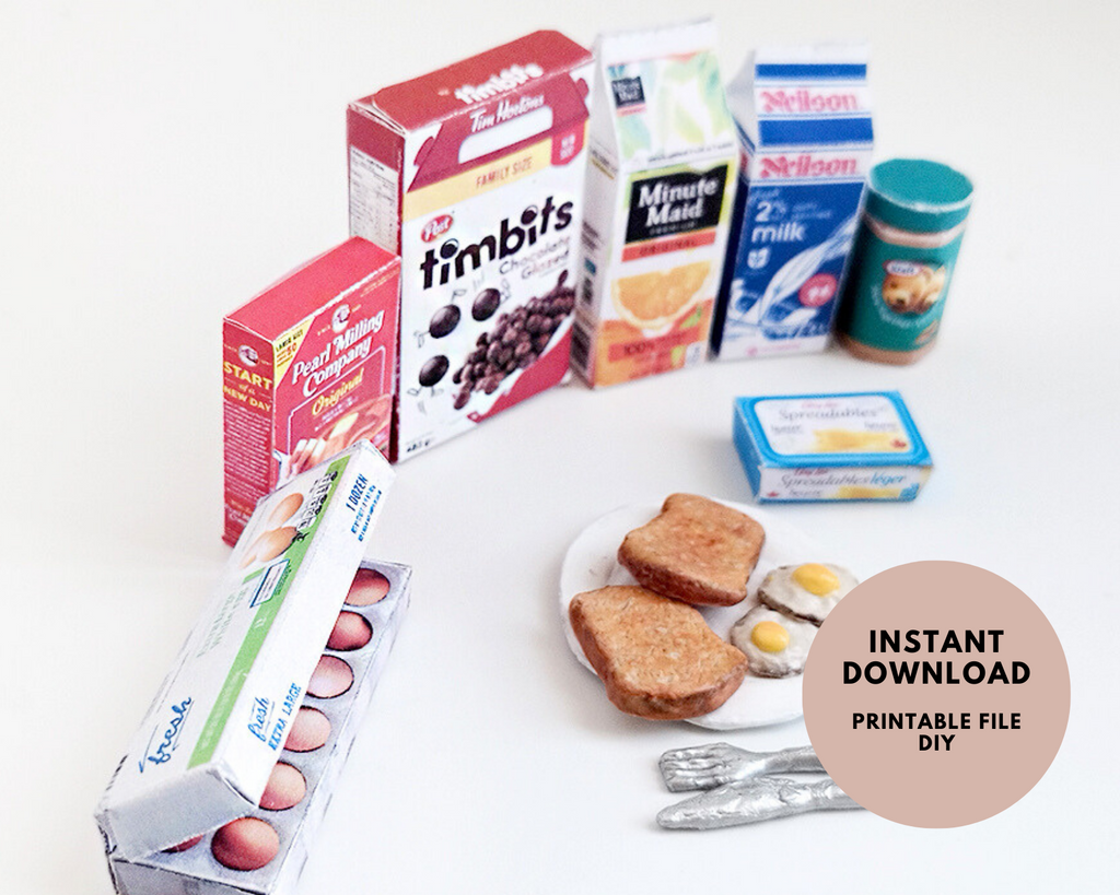 Start your doll’s day with this 1:6 scale 7-piece Miniature Breakfast Printable set! Featuring DIY mini boxes of milk, bread, pancakes, eggs, orange juice, cereal, and butter, it’s a must-have for miniature lovers and dollhouse enthusiasts.