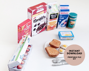 Start your doll’s day with this 1:6 scale 7-piece Miniature Breakfast Printable set! Featuring DIY mini boxes of milk, bread, pancakes, eggs, orange juice, cereal, and butter, it’s a must-have for miniature lovers and dollhouse enthusiasts.