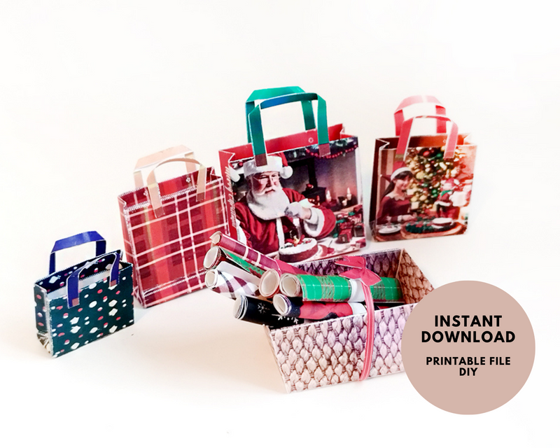 This Christmas Wrapping Paper &amp; Gift Bag Set includes 6 festive wrapping paper designs and 4 coordinating gift bags, perfect for decorating miniature Christmas scenes,