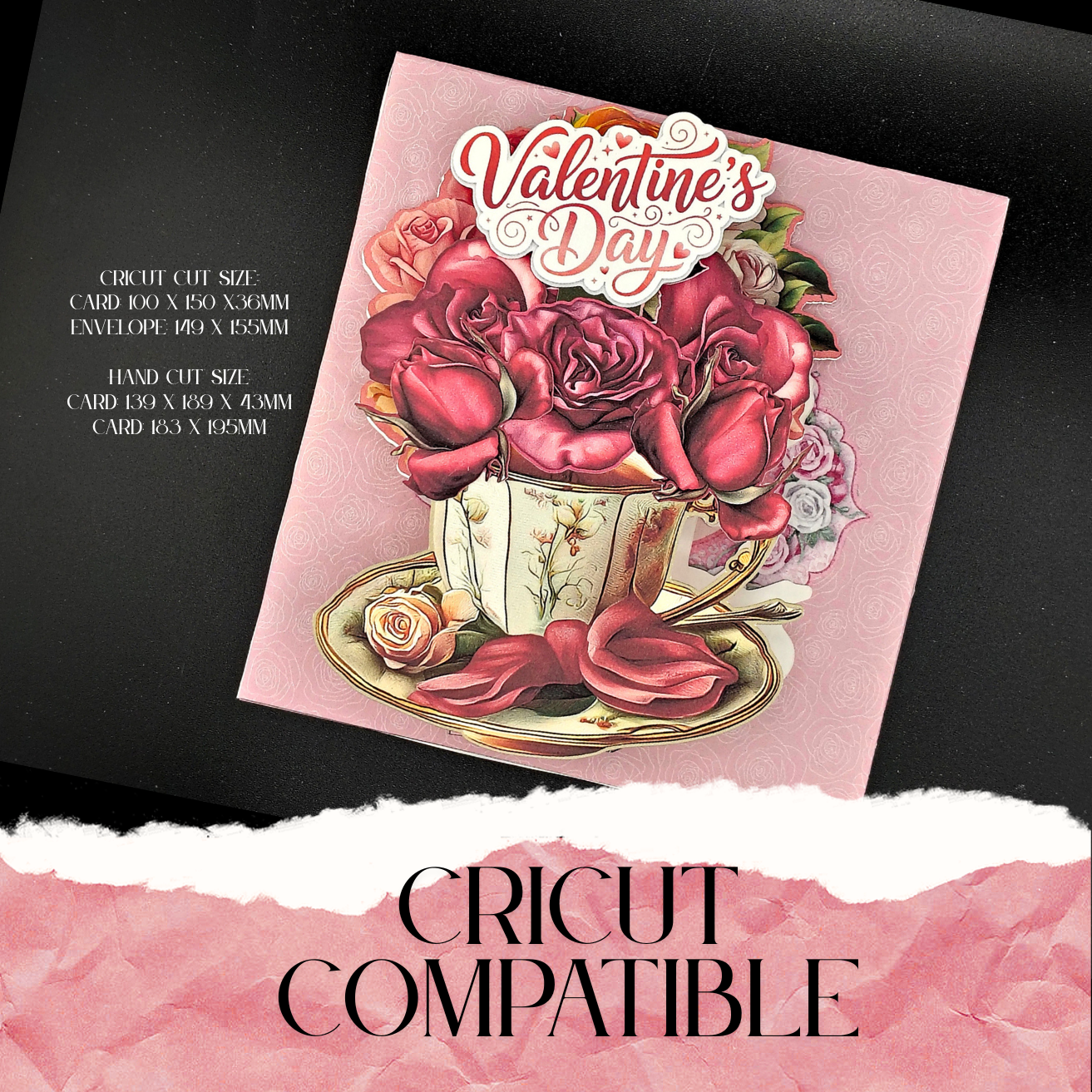 Rose & Teacup Pop-Up Valentine’s Day Card — Printable Stand-Up Paper Decoration in Pink (Foldable Love Card, Digital Download)
