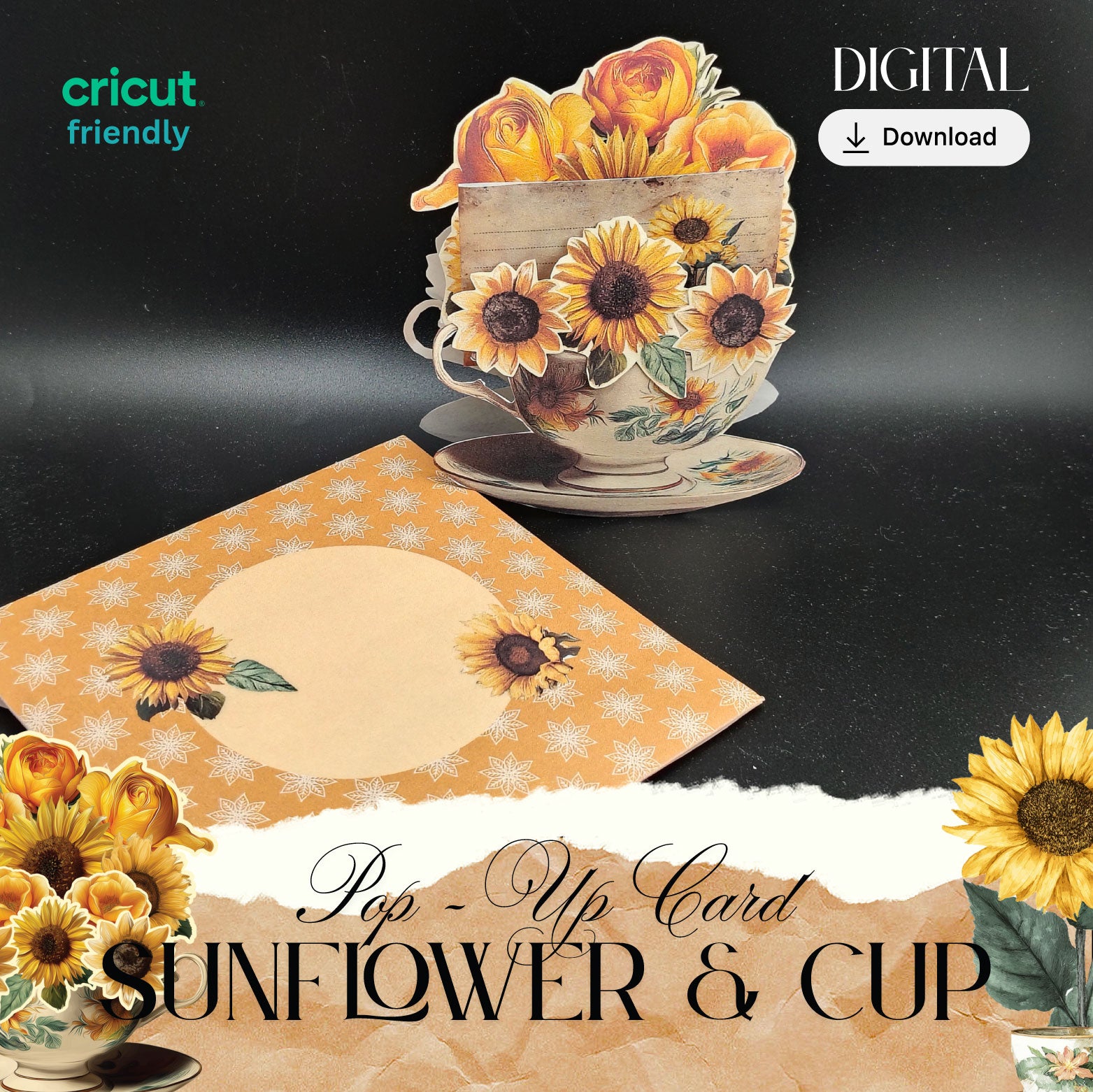 Sunflower Teacup Pop-Up Card – Printable Gift, DIY Decoration (Digital Download)