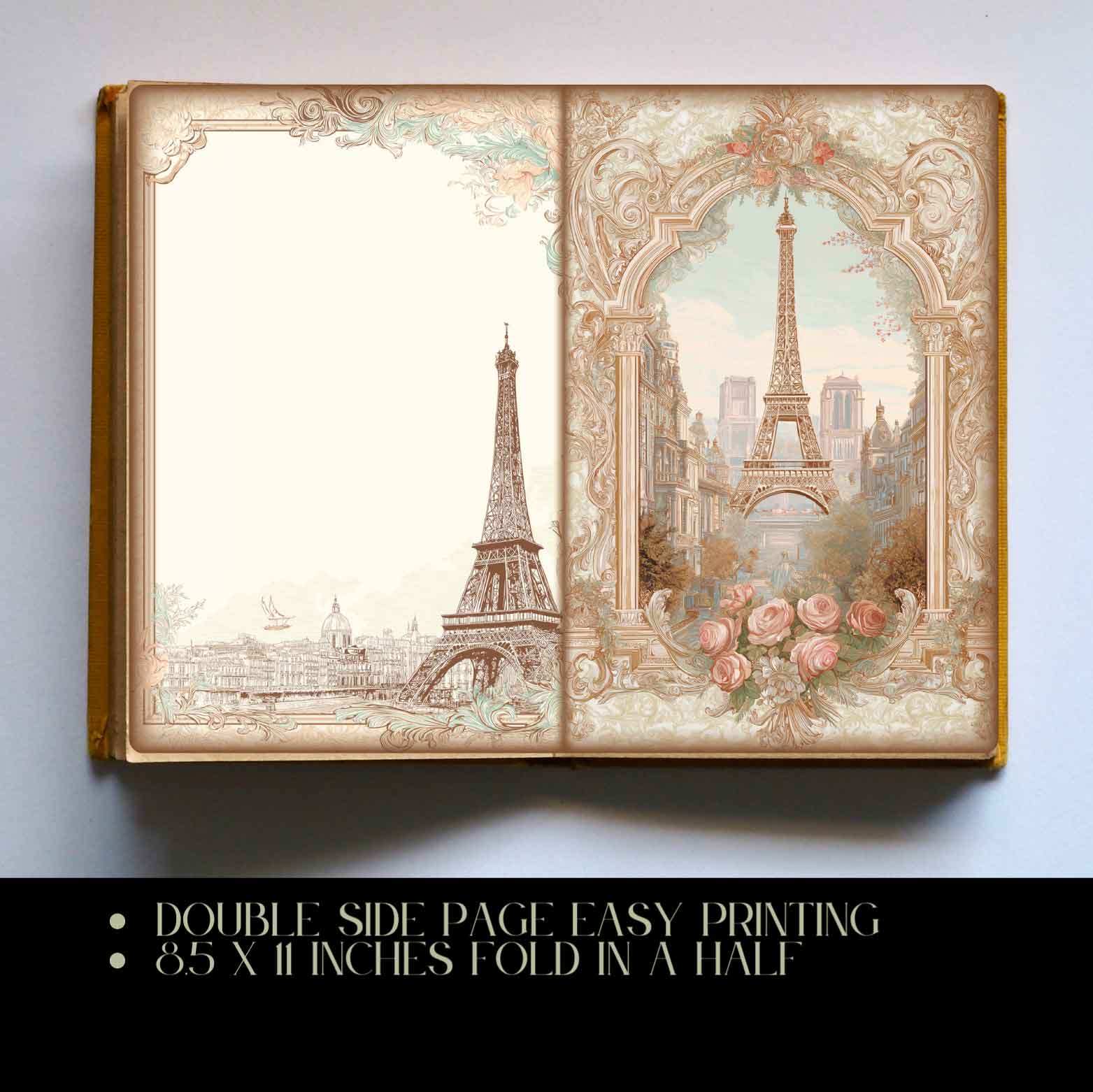 Travel junk journal kit with 14 printable double-sided pages featuring maps, postcards, and vintage travel designs