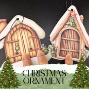 Whimsical elf house pocket ornament with Christmas village detail, printable paper craft