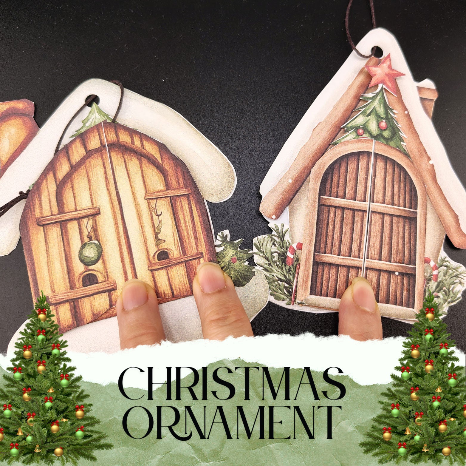 Whimsical elf house pocket ornament with Christmas village detail, printable paper craft