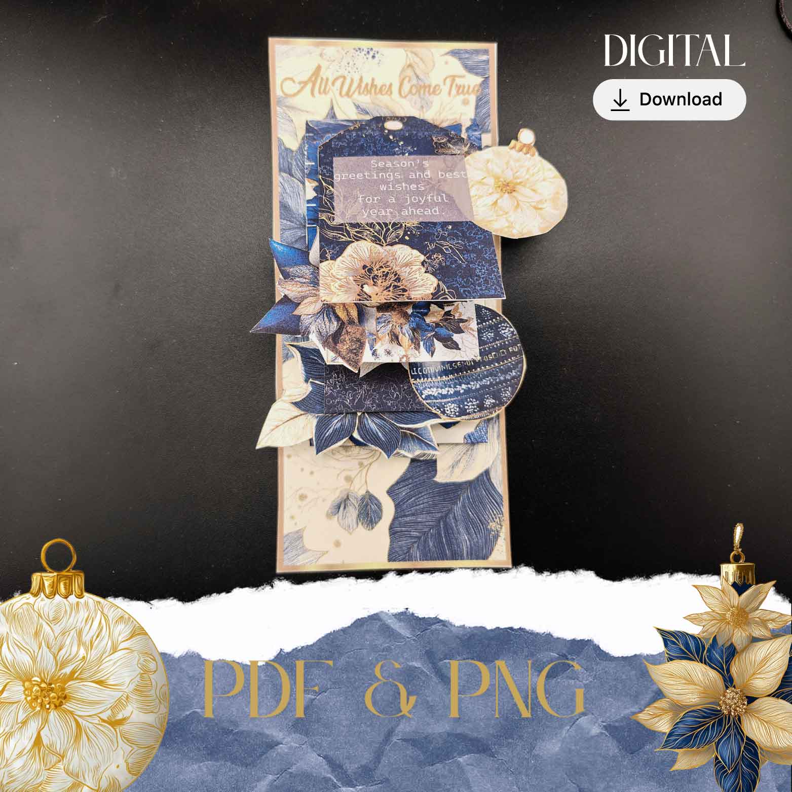 Navy Blue and Gold Christmas envelope and wishes card with Ephemera (Cricut-Friendly, 4 Pages)