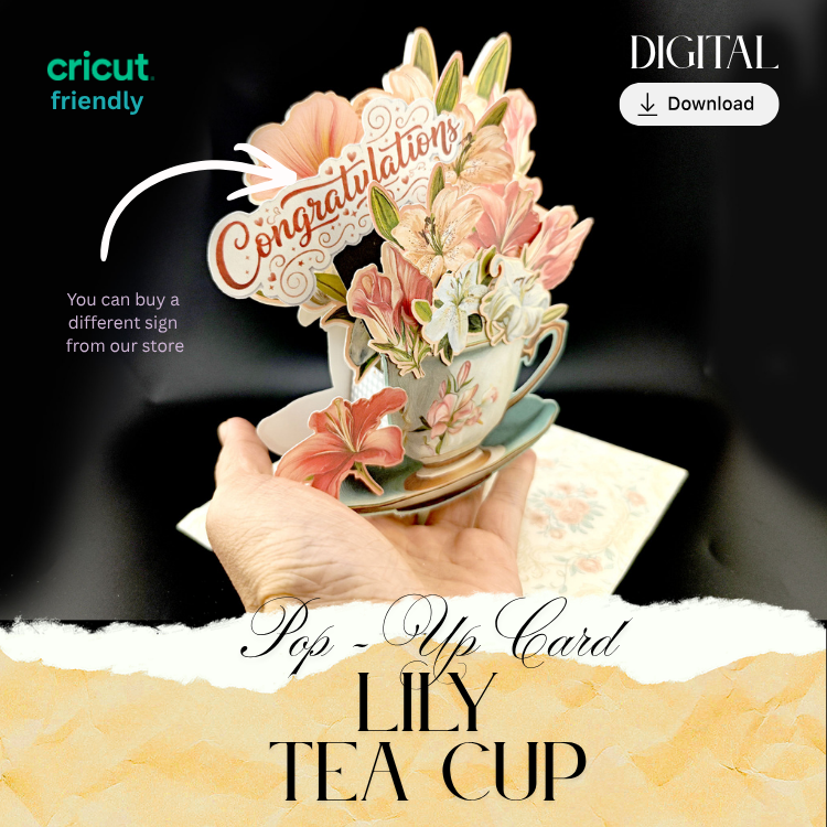 Printable Floral Teacup Pop Up Card Kit, DIY Congratulations Greeting Card (Digital Download)