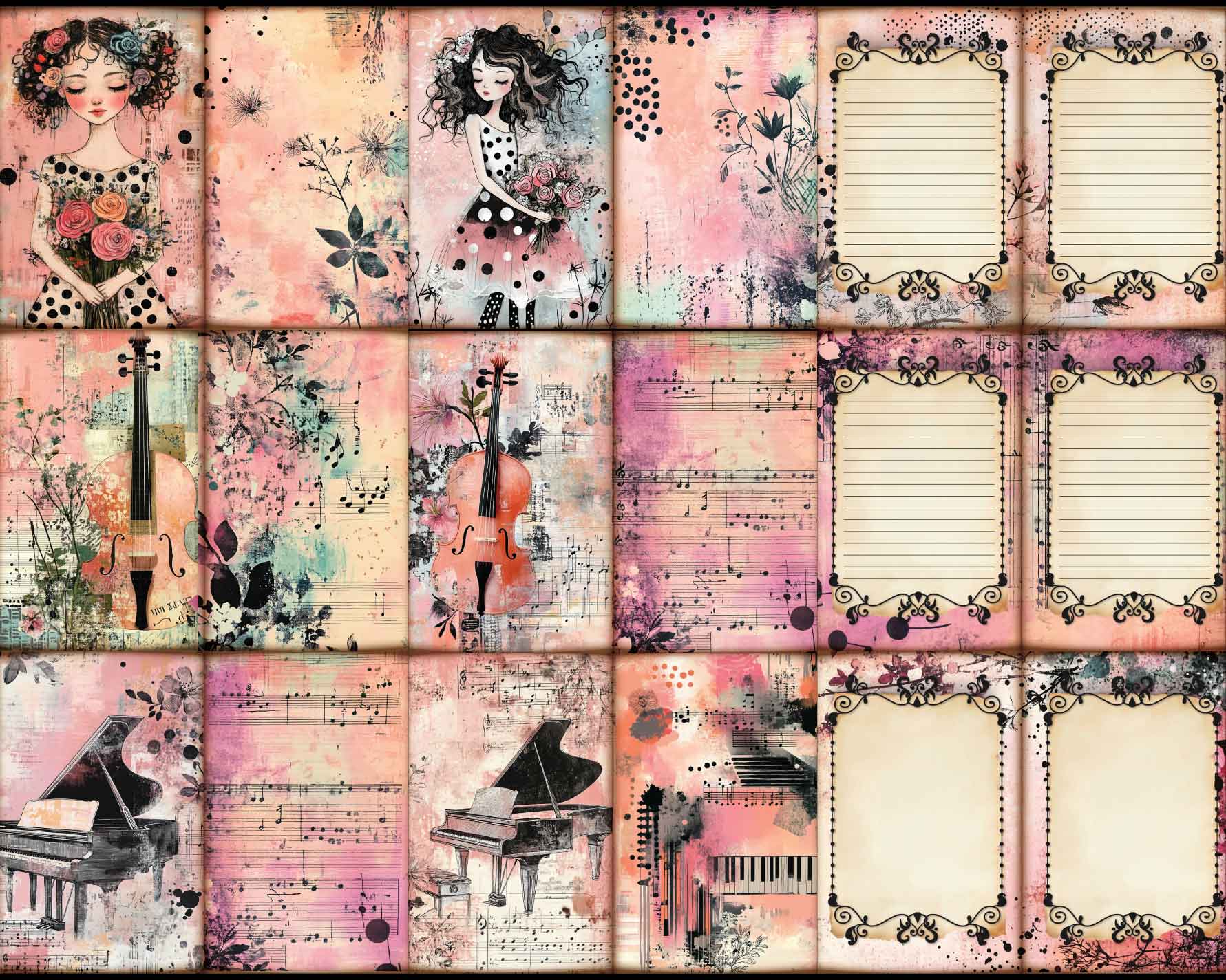 OutieCraft Curly black hair girl journal page and scrapbook paper , 40 images Letter, Music Instrument, dancing, black dots vintage and artistic style