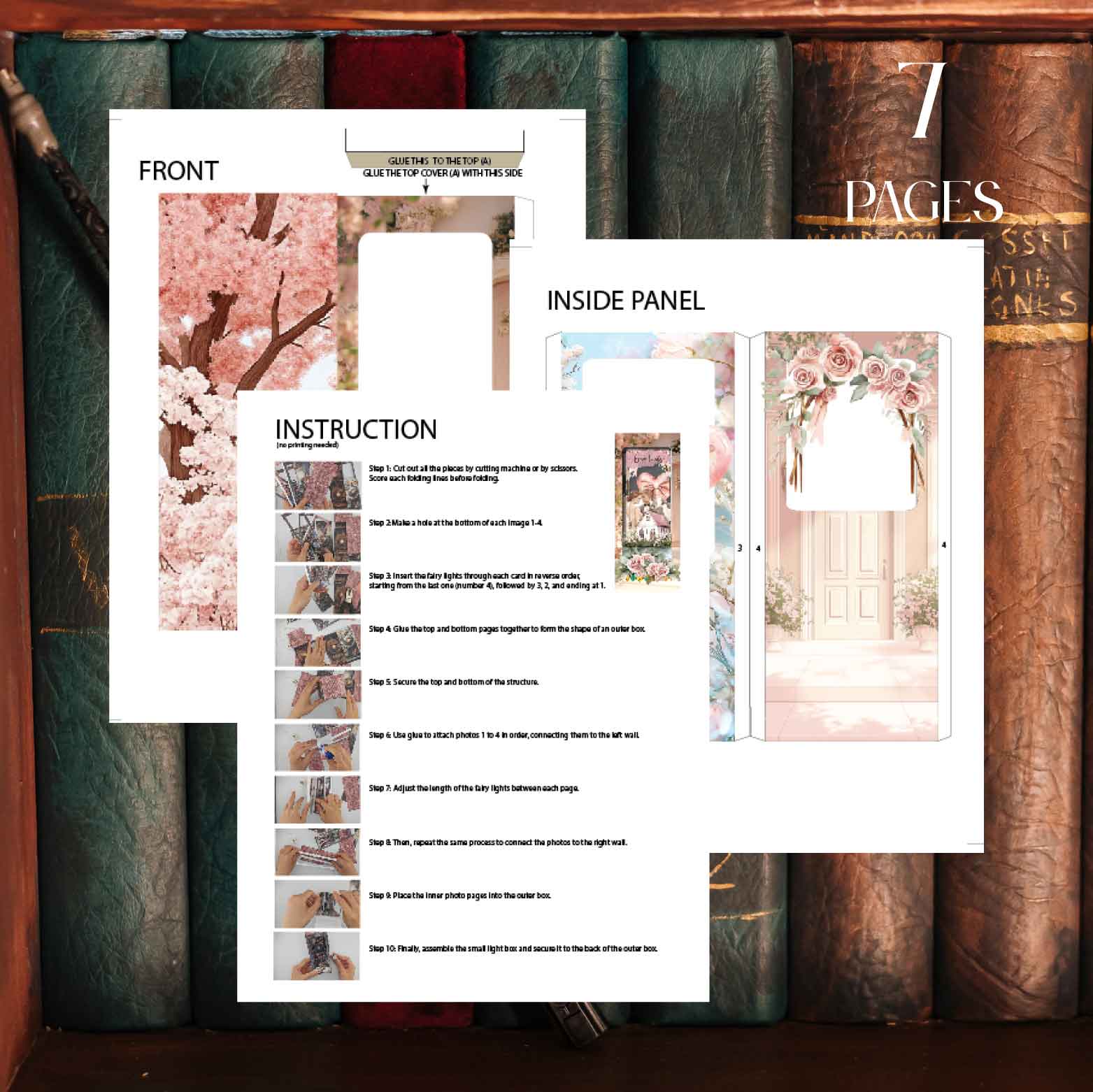 Bridal home book nook paper craft with wedding celebration scene, displayed inside a bookshelf