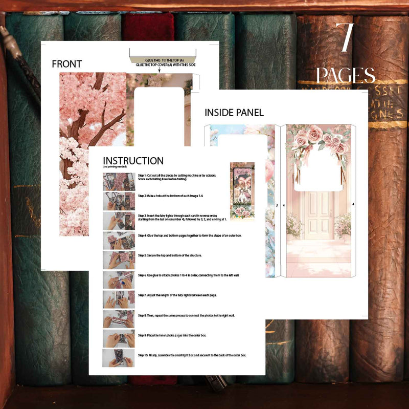 Bridal home book nook paper craft with wedding celebration scene, displayed inside a bookshelf