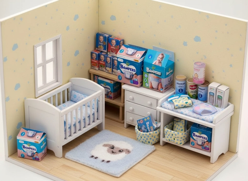 This 1:12 Baby Care Set includes printable diapers and baby wipes, designed for newborn and fit for Zuru Baby, infant, and baby dollhouse scenes. Perfect for nurseries, bedrooms, daycare setups, or caring role-play moments, this set adds warmth and realism to your miniature world.