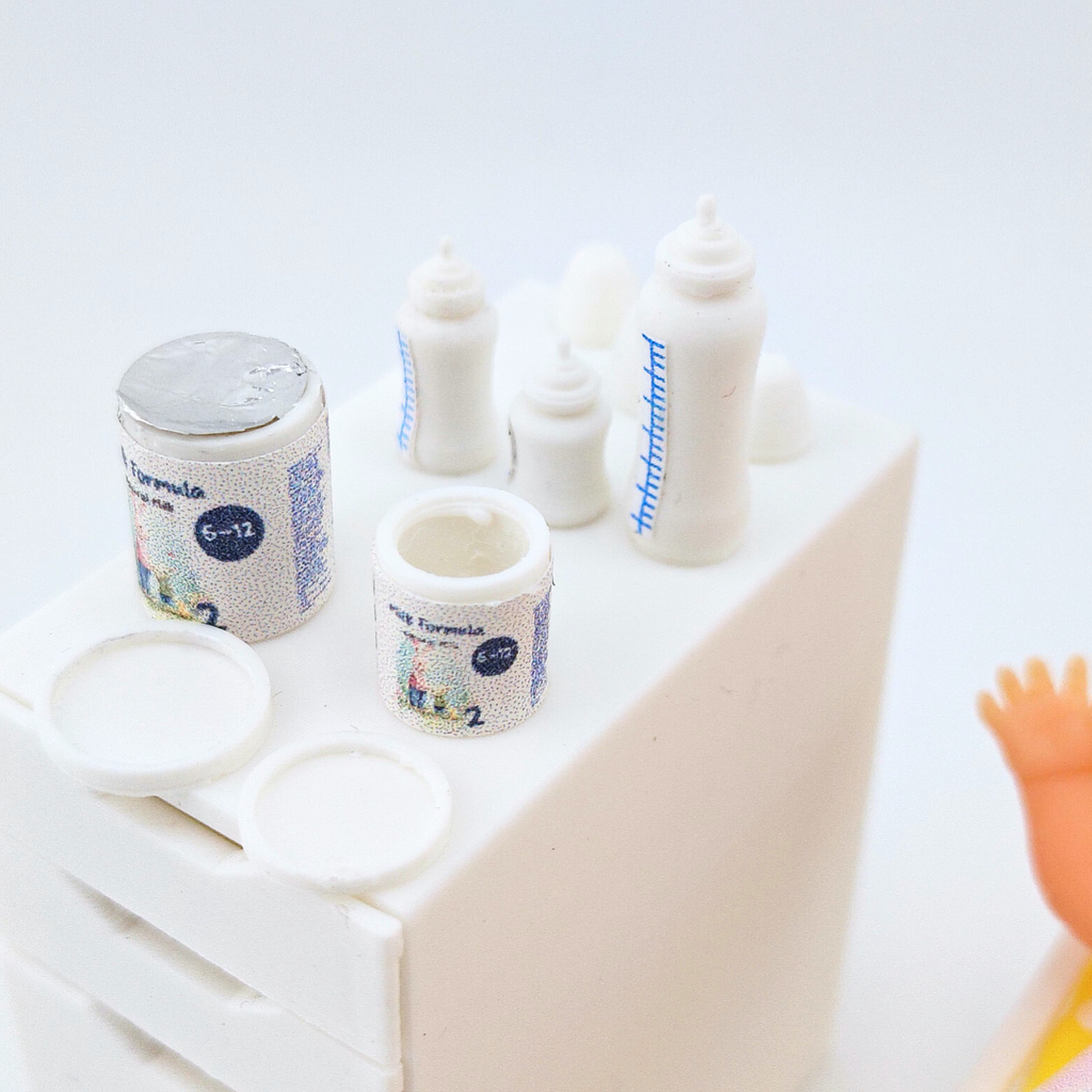 1:12 Baby Milk Bottle & Formula Set STL — 6 Styles Miniature Baby Care for Dollhouse (3D Print File, Label included, Instant Download)