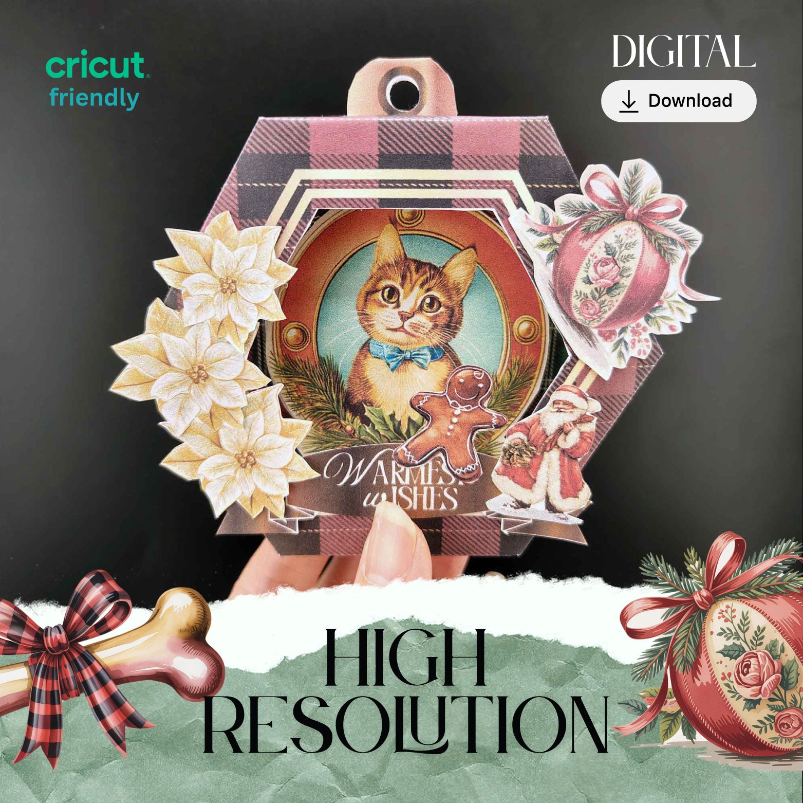 Christmas PET - dog and cat Ornament hexagon Box for DIY personalize ornament hang on the tree (Digital Download)