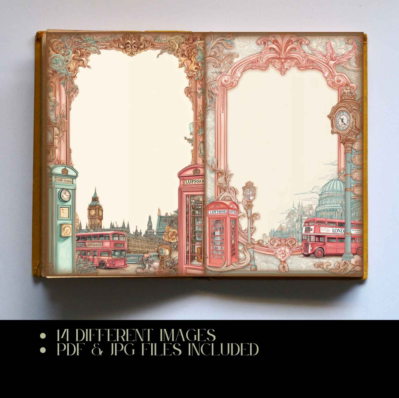 Travel junk journal kit with 14 printable double-sided pages featuring maps, postcards, and vintage travel designs