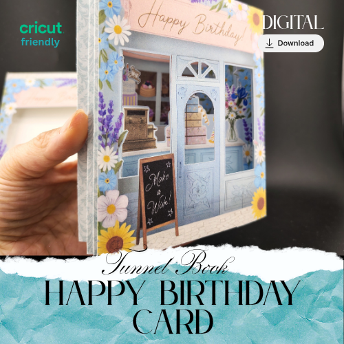 Printable Happy Birthday Tunnel Book Card PDF, DIY 3D Boutique Shop Greeting Card, Floral Birthday Shadow Box, Cricut Friendly, Digital Download