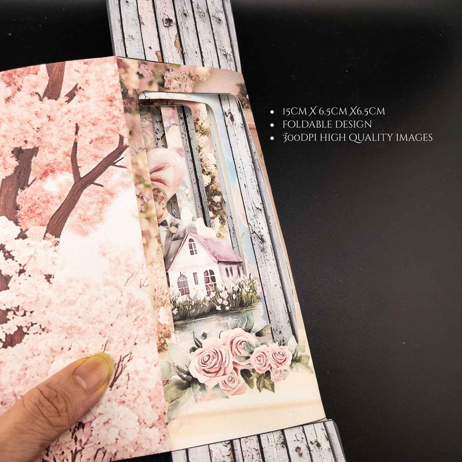Bridal home book nook paper craft with wedding celebration scene, displayed inside a bookshelf
