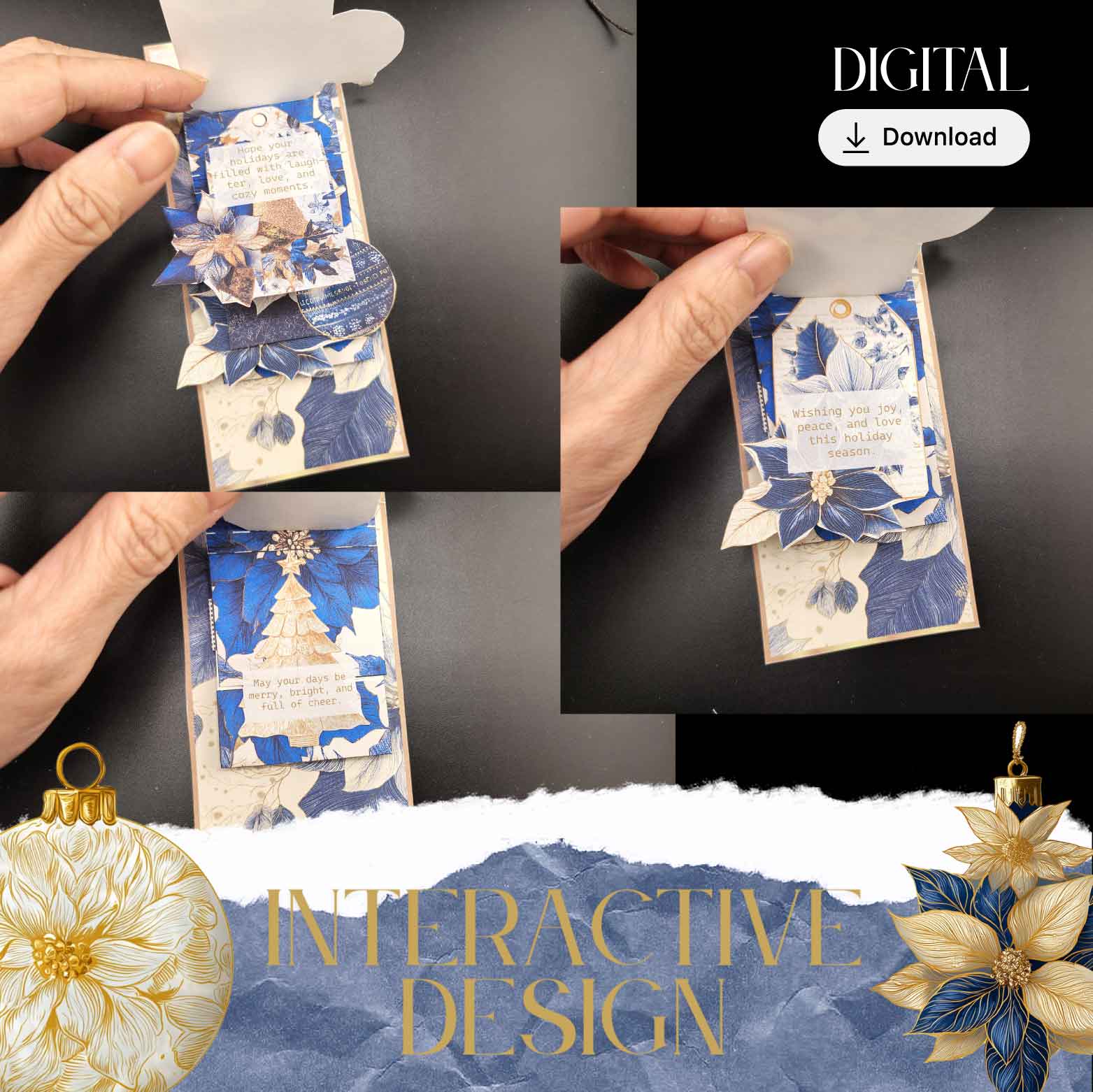 Navy Blue and Gold Christmas envelope and wishes card with Ephemera (Cricut-Friendly, 4 Pages)
