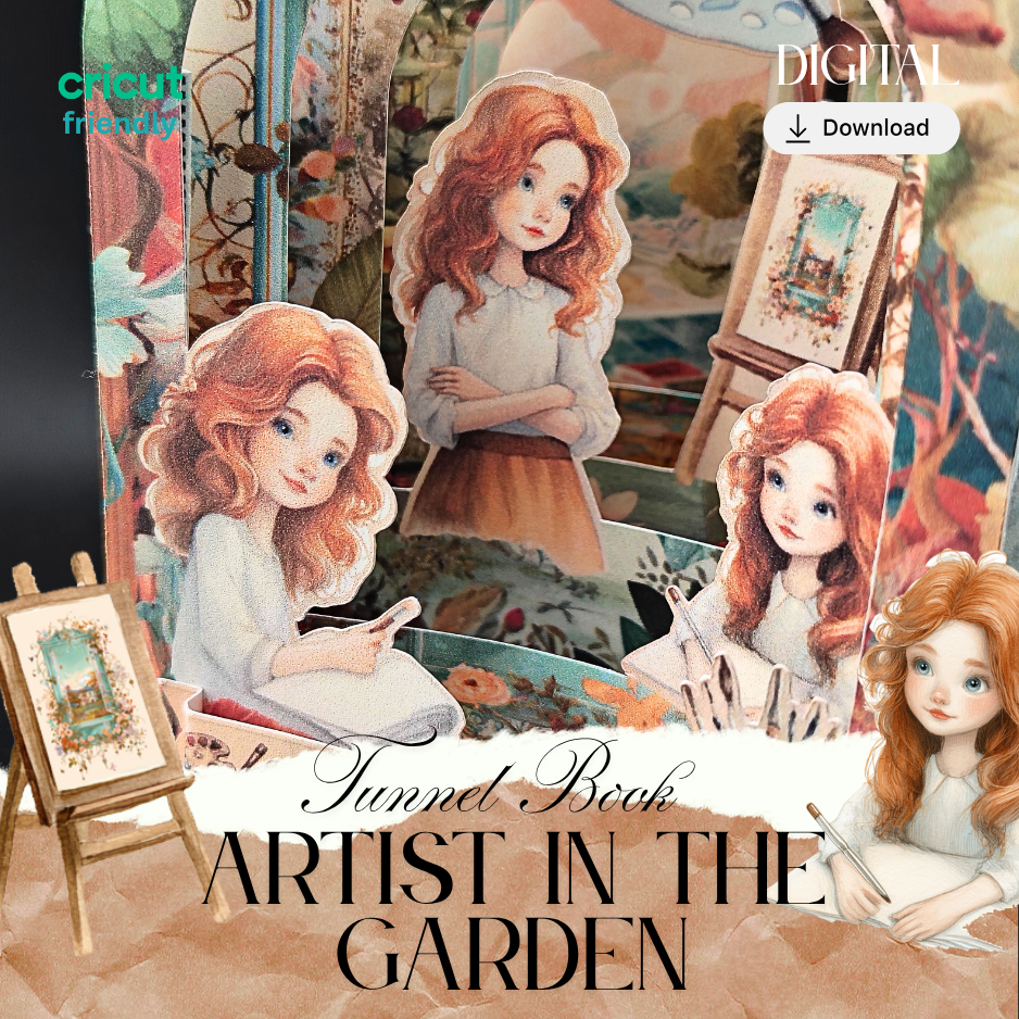 This enchanting multi-layered paper project captures a peaceful moment of a girl sketching in a lush, blooming garden. Designed with intricate silhouettes and floral details, this tunnel book is a perfect project for art lovers, garden enthusiasts, or anyone who appreciates the "slow-craft" movement.