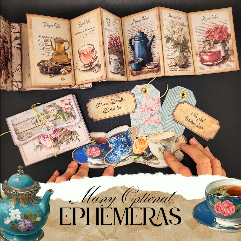Mini Junk folio booklet - florist Tea time, one palm size folio kit, Ephemeras, paper crafting, junk journal, scrapbook , 7 pages 1 style