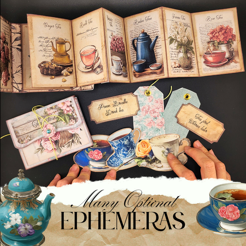 Mini Junk folio Tea Bag booklet - florist Tea time, one palm size folio kit, Ephemeras, paper crafting, junk journal, scrapbook , 7 pages 1 style