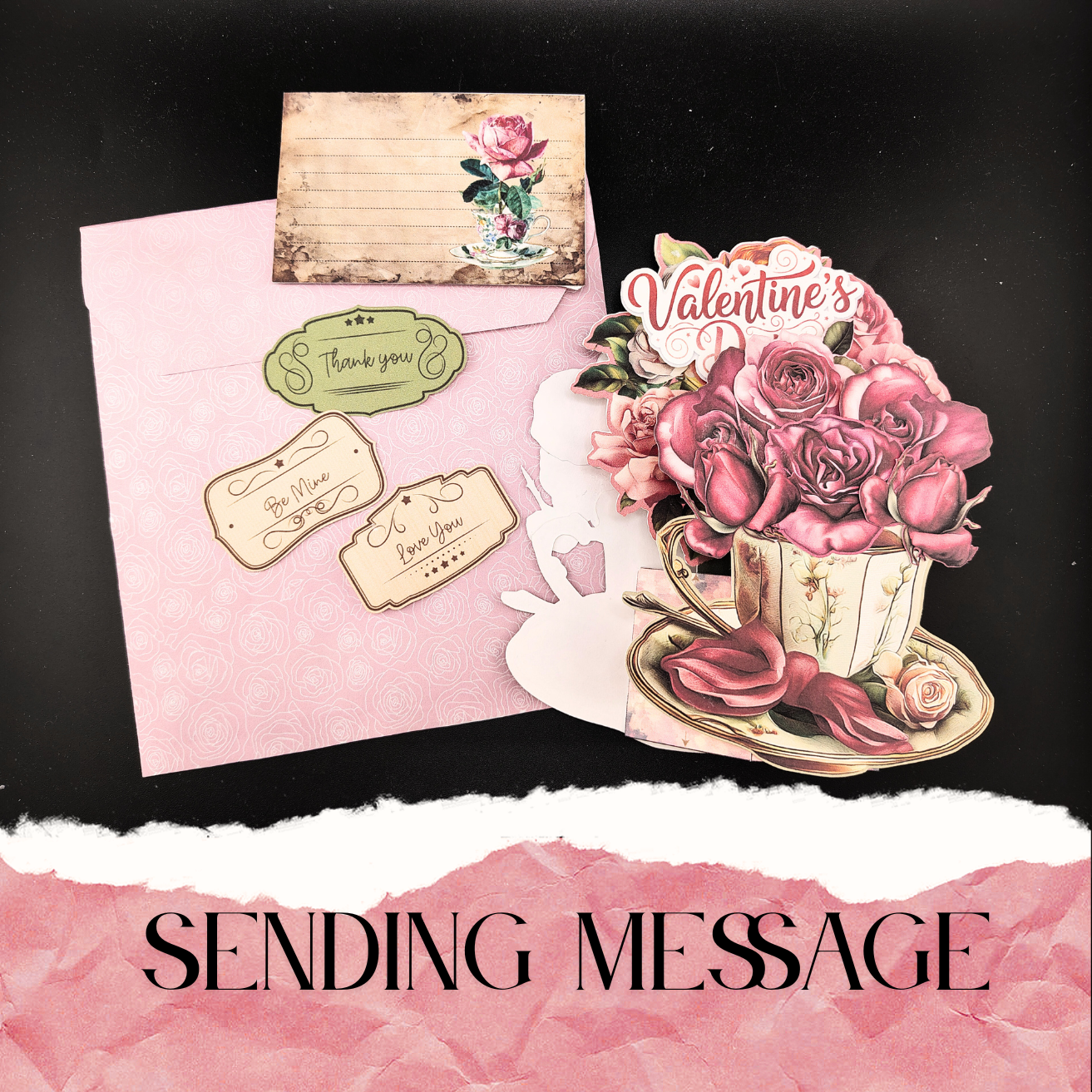 Rose & Teacup Pop-Up Valentine’s Day Card — Printable Stand-Up Paper Decoration in Pink (Foldable Love Card, Digital Download)