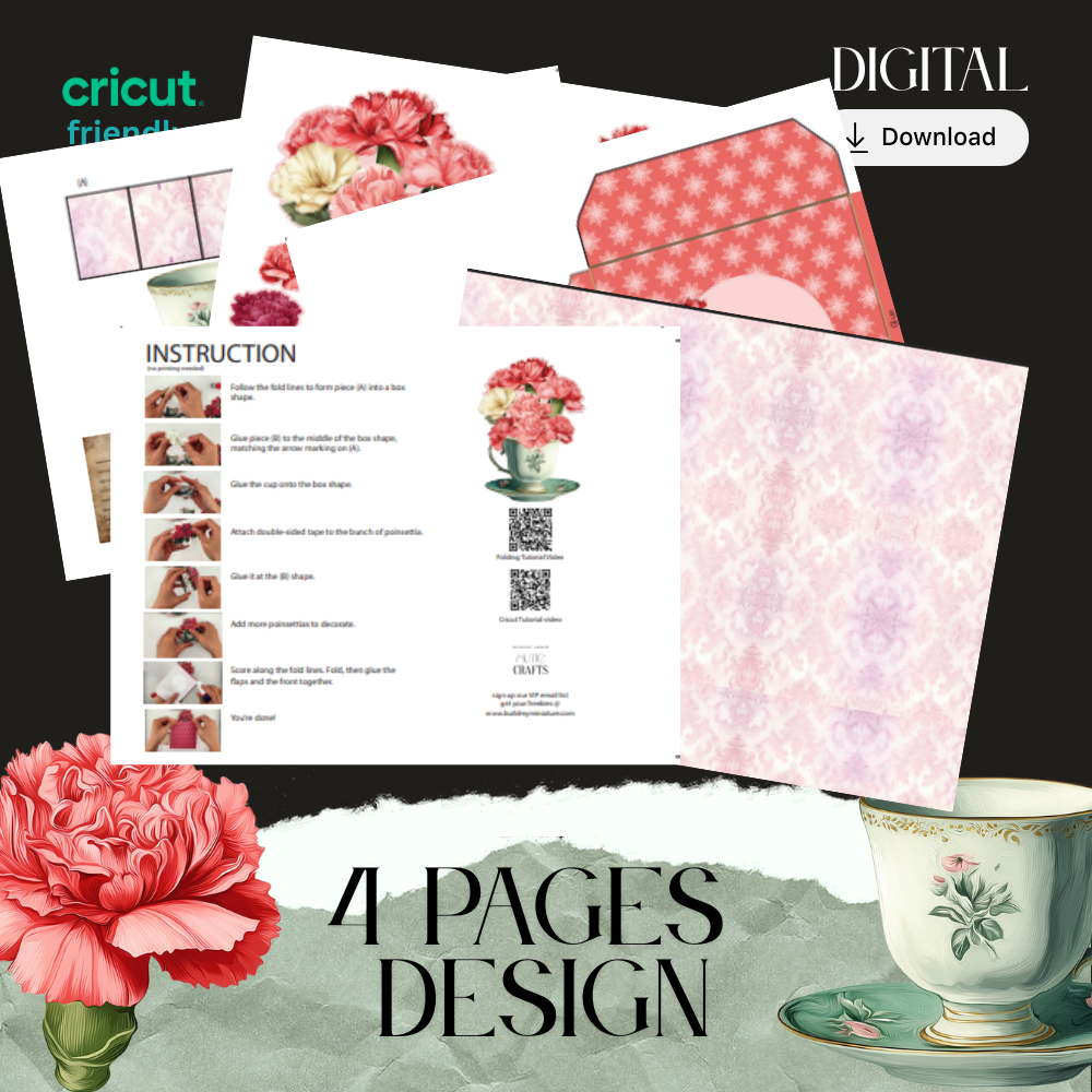 Mini Carnation & Teacup Pop-Up Gift Card — Printable Stand-Up Decoration in pink yellow (Foldable, Digital Download)  motherly love