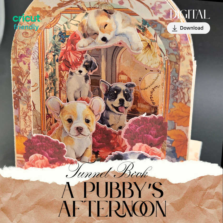 A Puppy's Afternoon Tunnel Book Card PDF, DIY 3D Vintage Dog Shadow Box, Printable Arch Greeting Card, Floral Puppy Gift, Digital Download