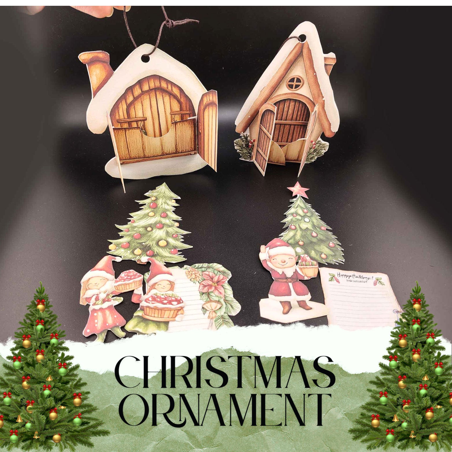 Elf village pocket paper ornament hanging on Christmas tree branch