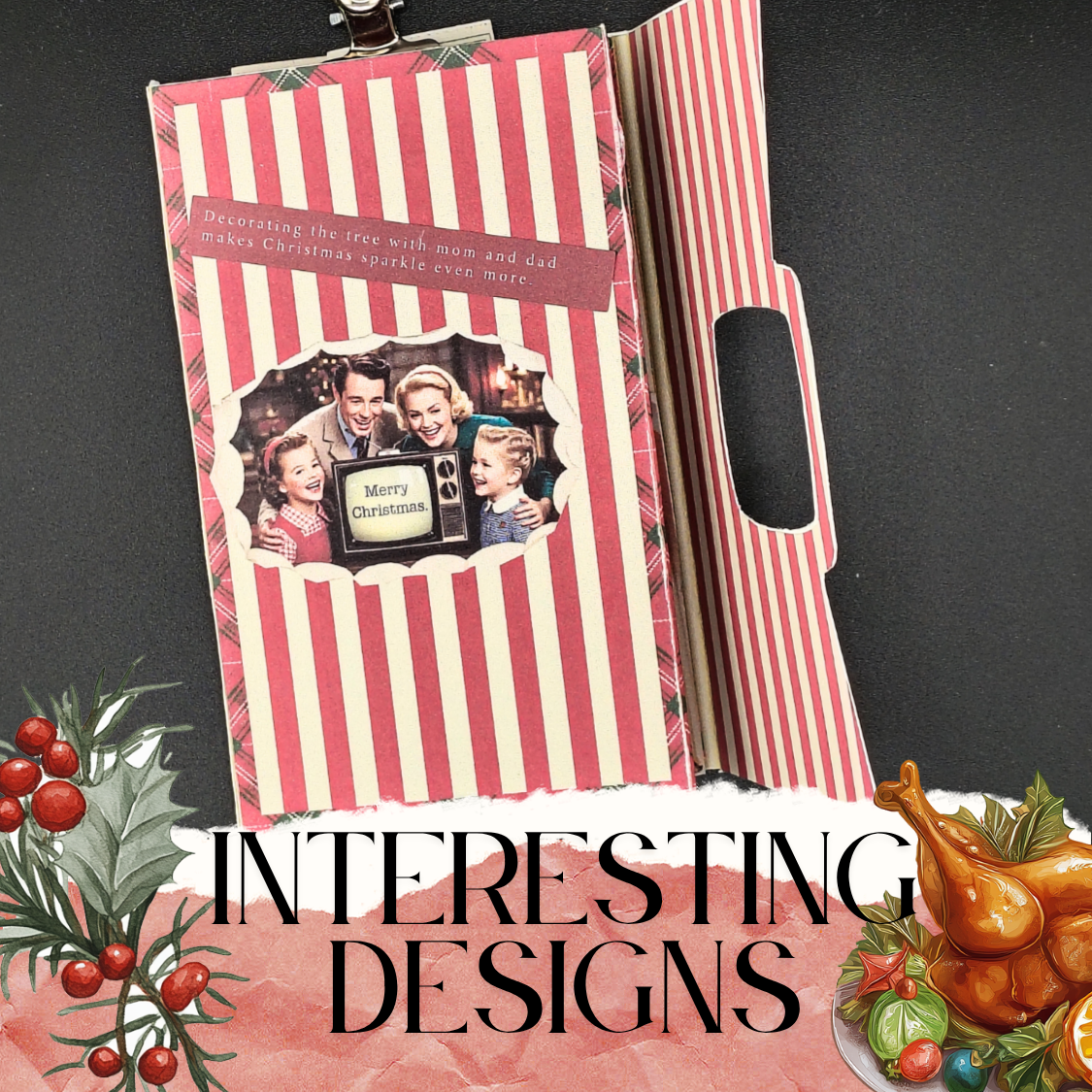Vintage Chrsitmas Family activities in 1965 folio kit, old fashion television and playable ephemera, 11 pages designs