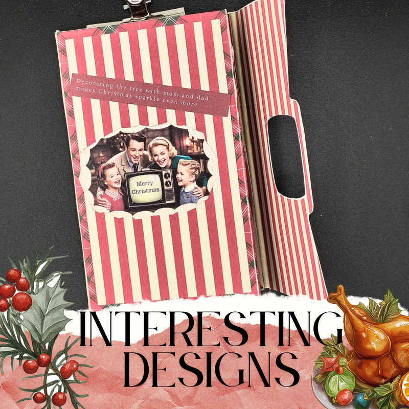 Vintage Chrsitmas Family activities in 1965 folio kit, old fashion television and playable ephemera, 11 pages designs