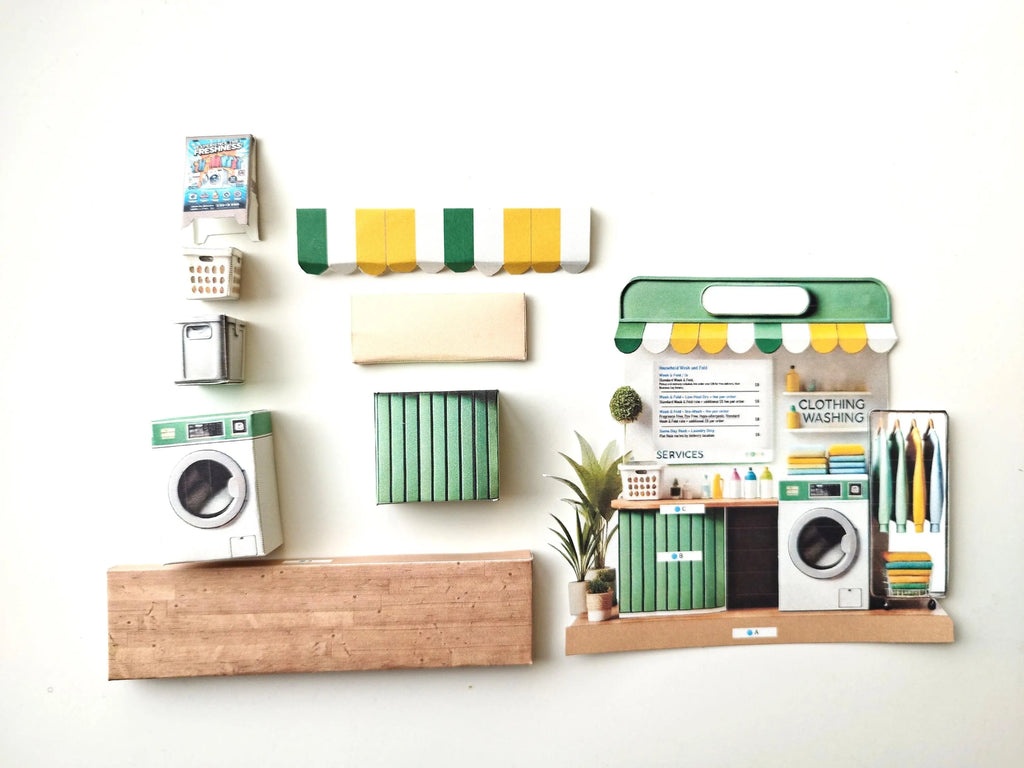 Laundry Shop 3D stand,,clothes washer, dirty clothes basket, washing machine,miniature scenery kit, gift, miniature models